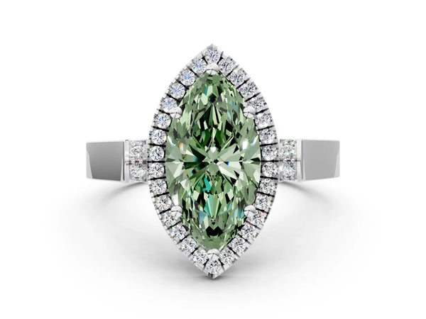 Platinum Fancy Green Marquise Cut Halo Round Diamond Twist Band with Four-Prong Setting