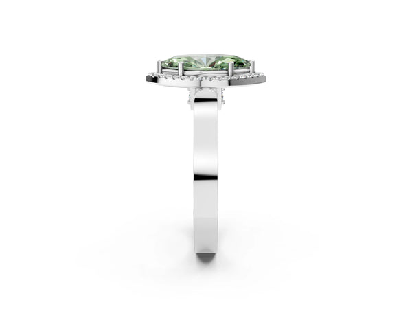 Platinum Fancy Green Marquise Cut Halo Round Diamond Twist Band with Four-Prong Setting
