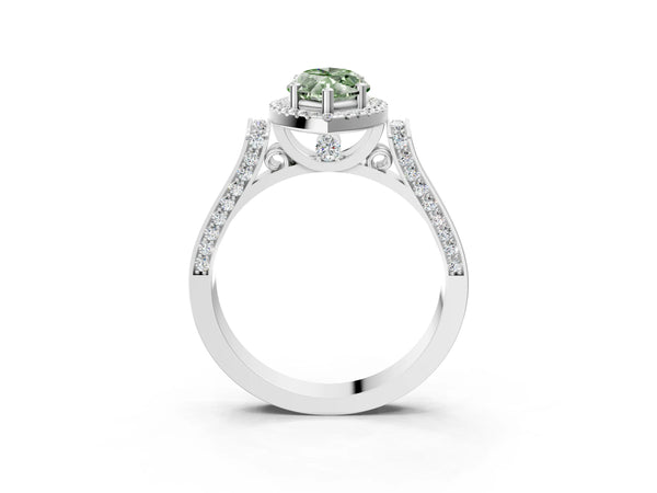 Platinum Fancy Green Marquise Cut Halo Round Diamond Twist Band with Four-Prong Setting