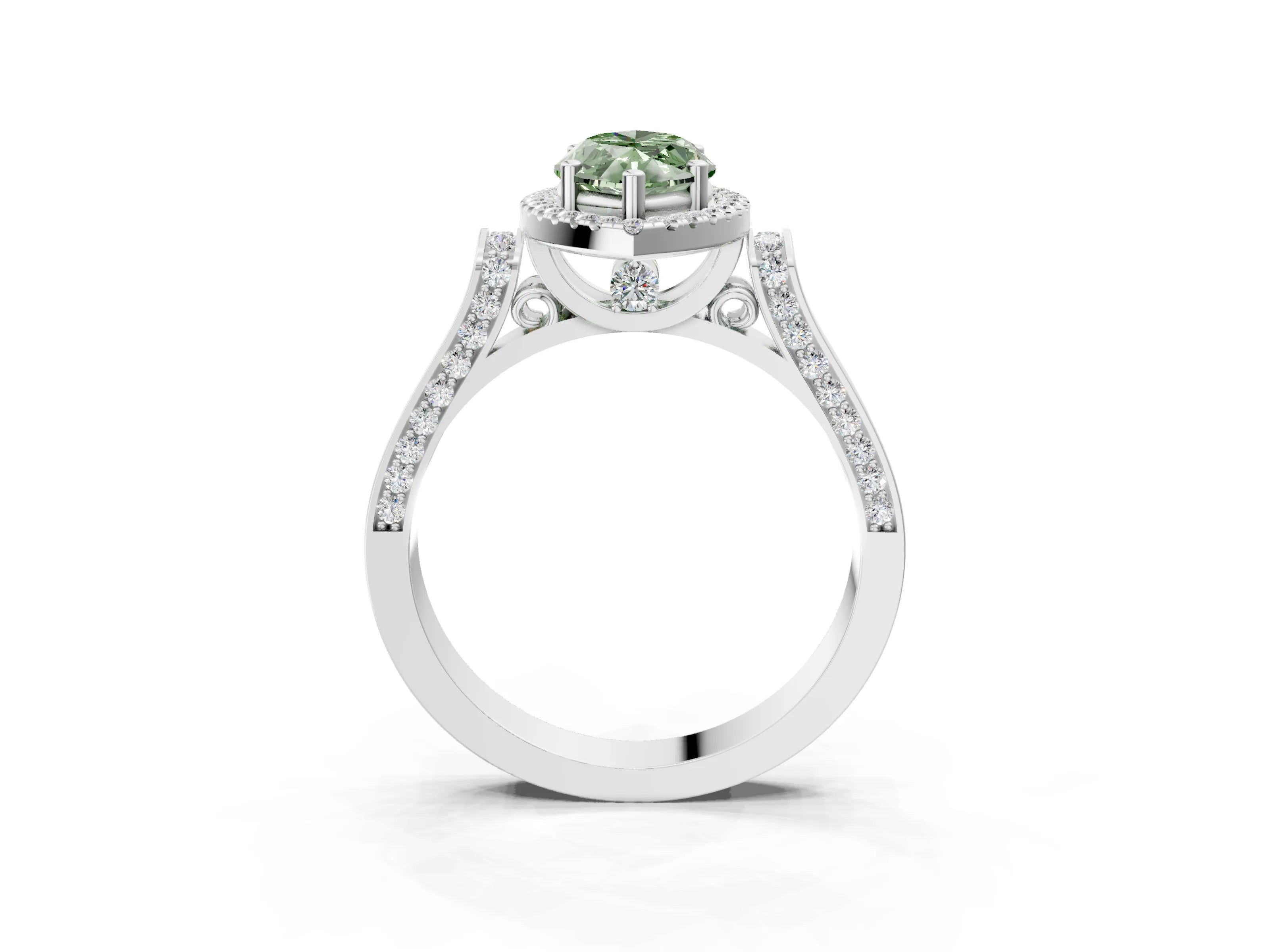White gold Fancy Green Marquise Cut Halo Round Diamond Twist Band with Four-Prong Setting_3