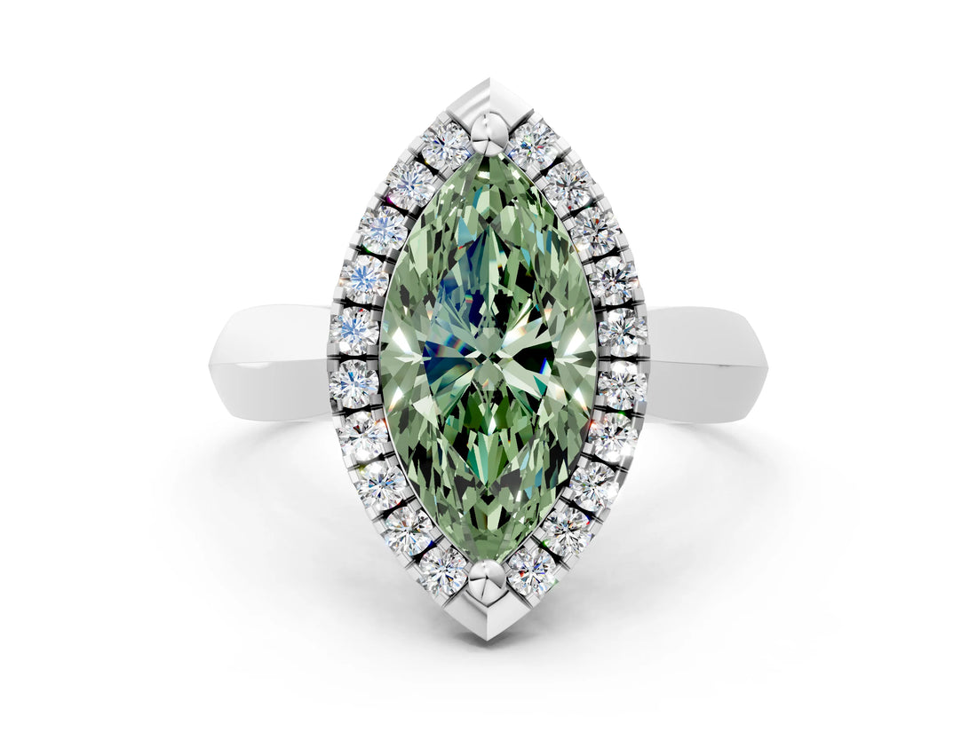 White gold Fancy Green Marquise  Cut Halo Solitaire Engagement Ring with Square Band and Four-Prong Setting_12