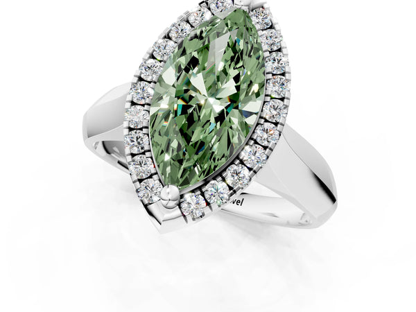 Platinum Fancy Green Marquise  Cut Halo Solitaire Engagement Ring with Square Band and Four-Prong Setting