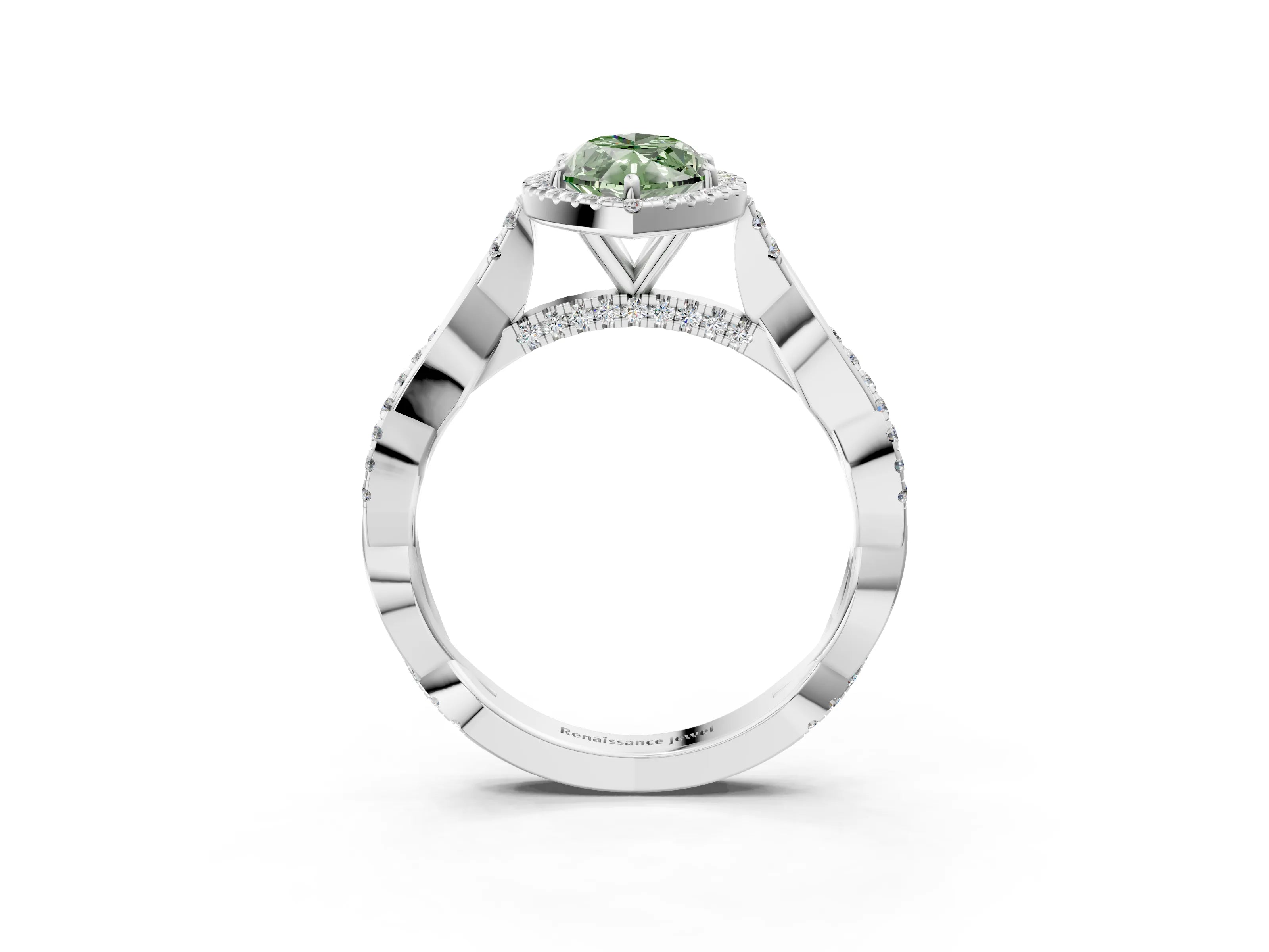 White gold Fancy Green Marquise Cut Halo Twist Band with Four-Prong Setting_15