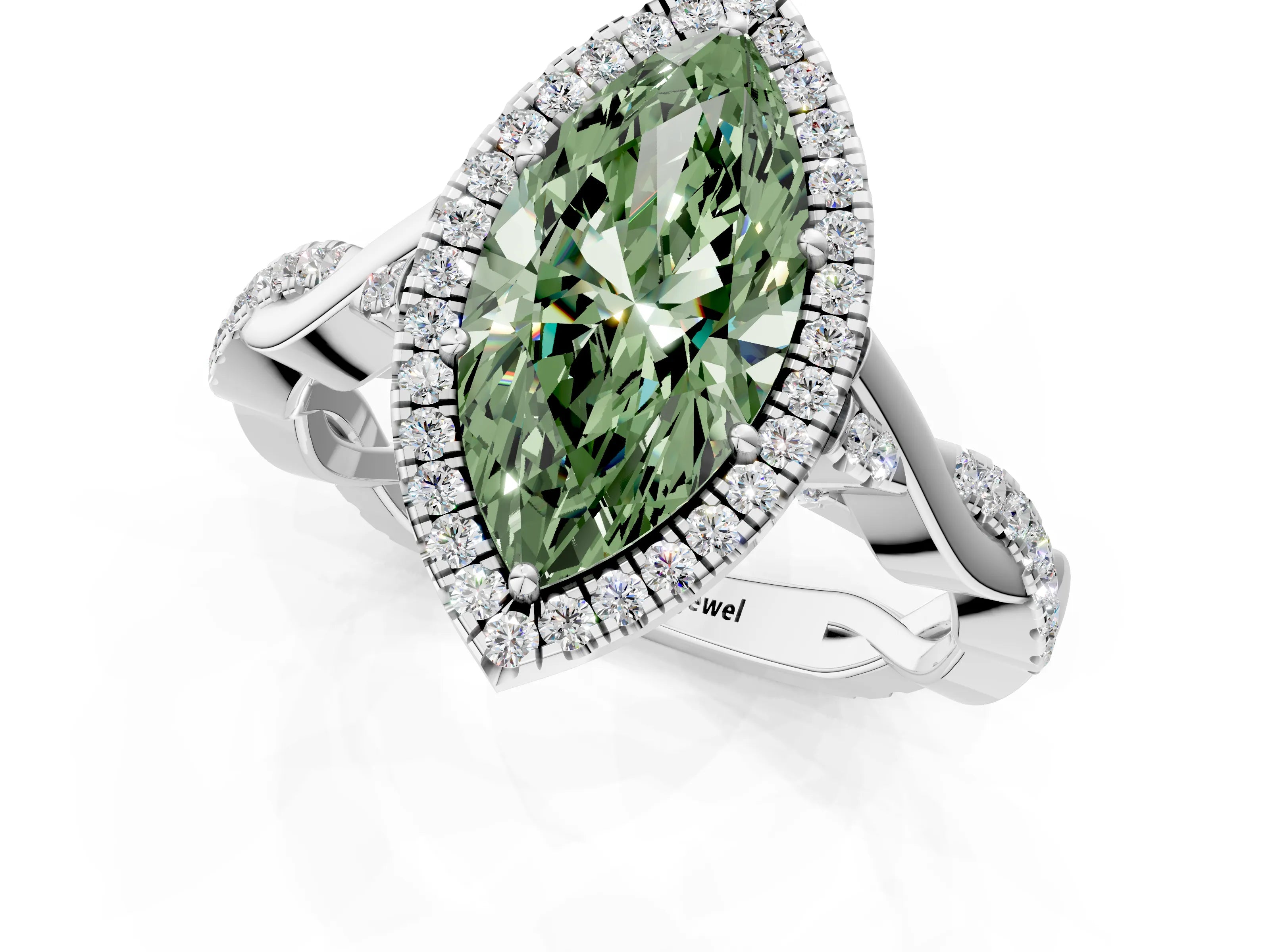 White gold Fancy Green Marquise Cut Halo Twist Band with Four-Prong Setting_1