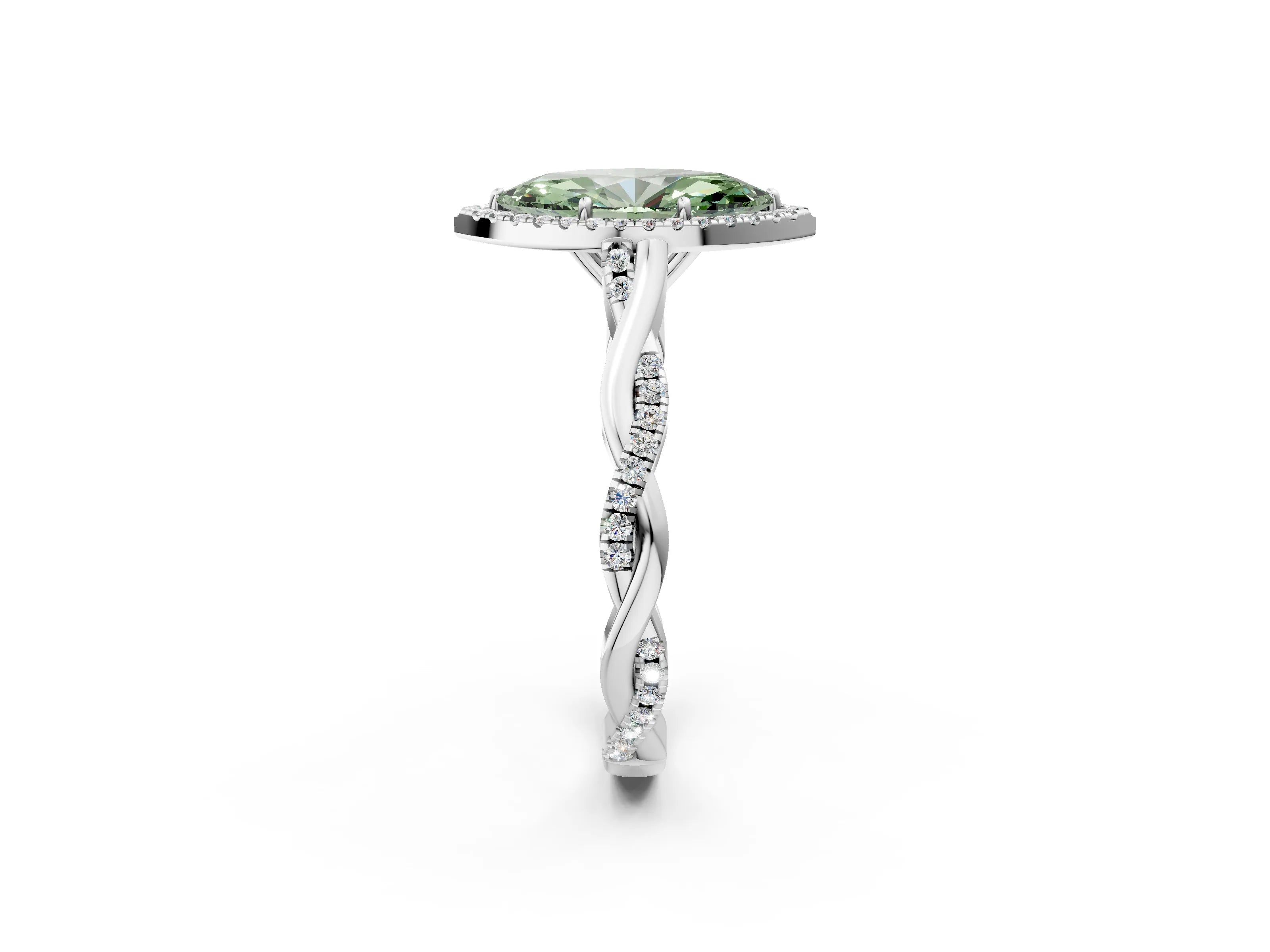 White gold Fancy Green Marquise Cut Halo Twist Band with Four-Prong Setting_2
