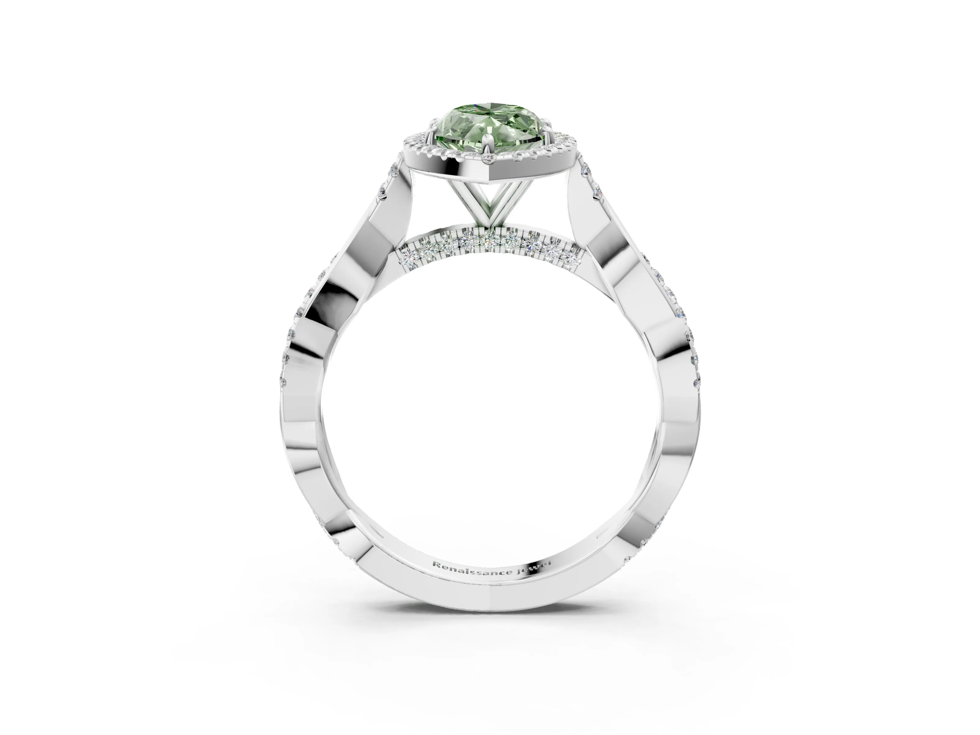 White gold Fancy Green Marquise Cut Halo Twist Band with Four-Prong Setting_3