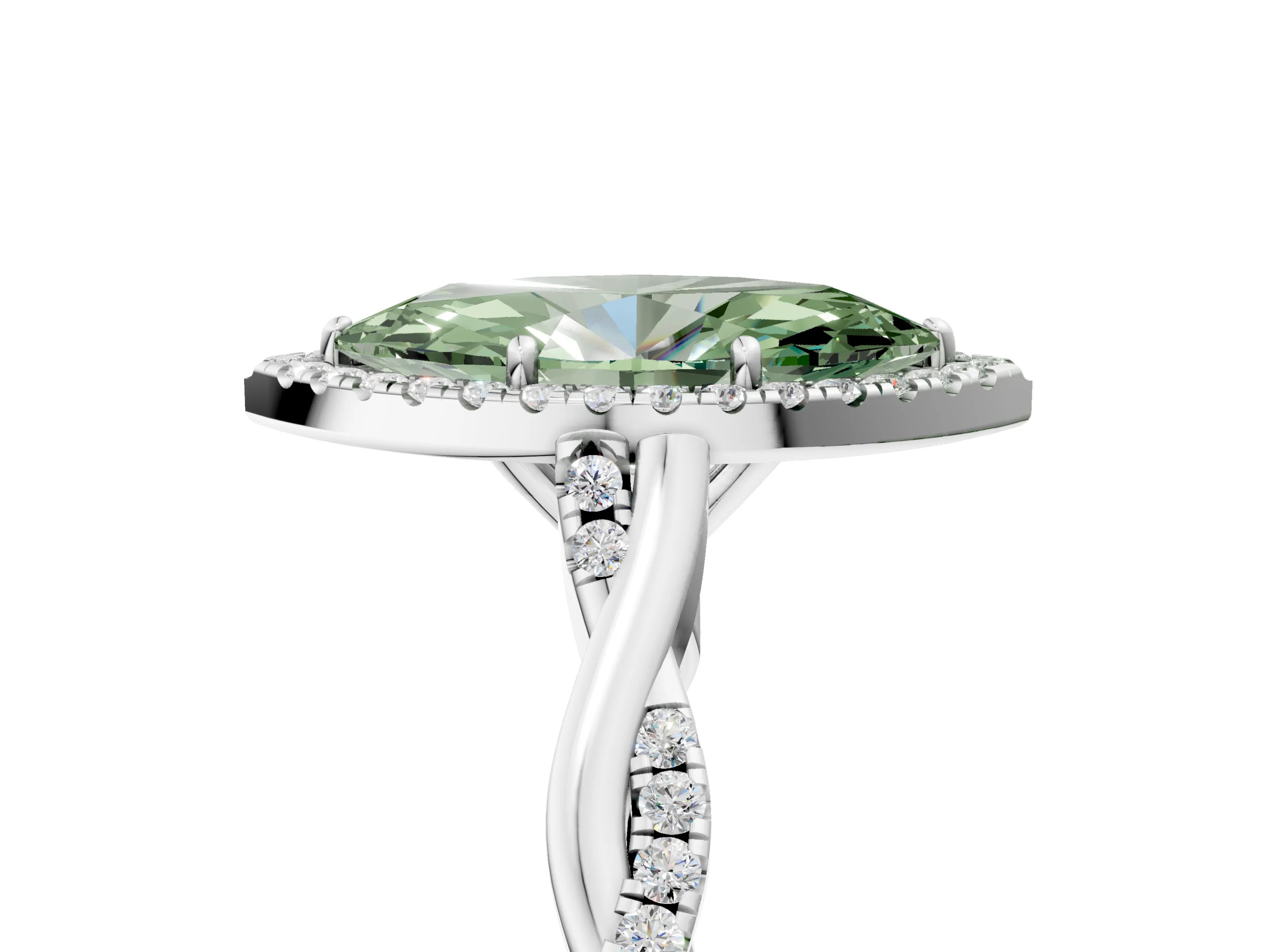 White gold Fancy Green Marquise Cut Halo Twist Band with Four-Prong Setting_5