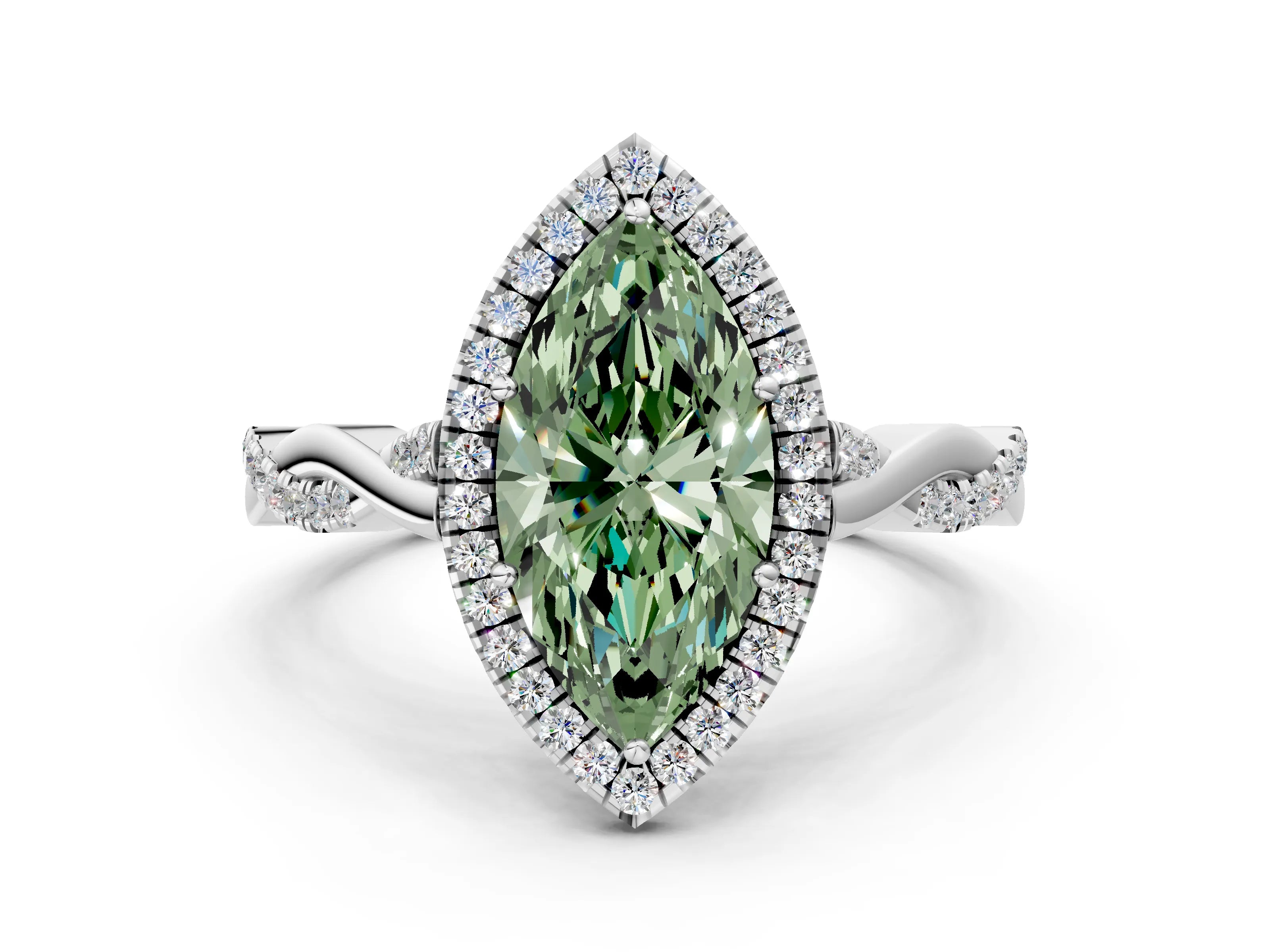 White gold Fancy Green Marquise Cut Halo Twist Band with Four-Prong Setting_85