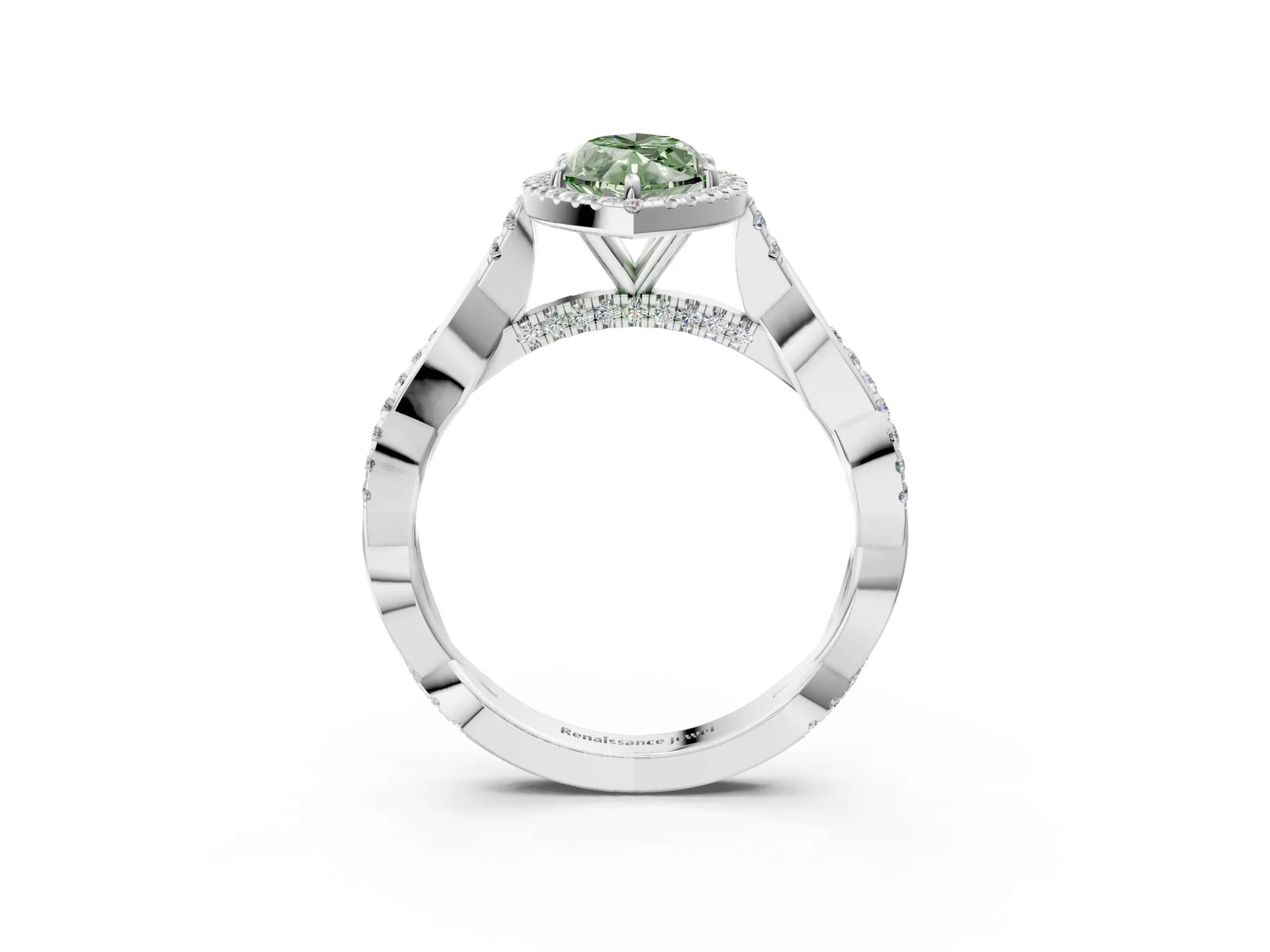 White gold Fancy Green Marquise Cut Halo Twist Band with Four-Prong Setting_88