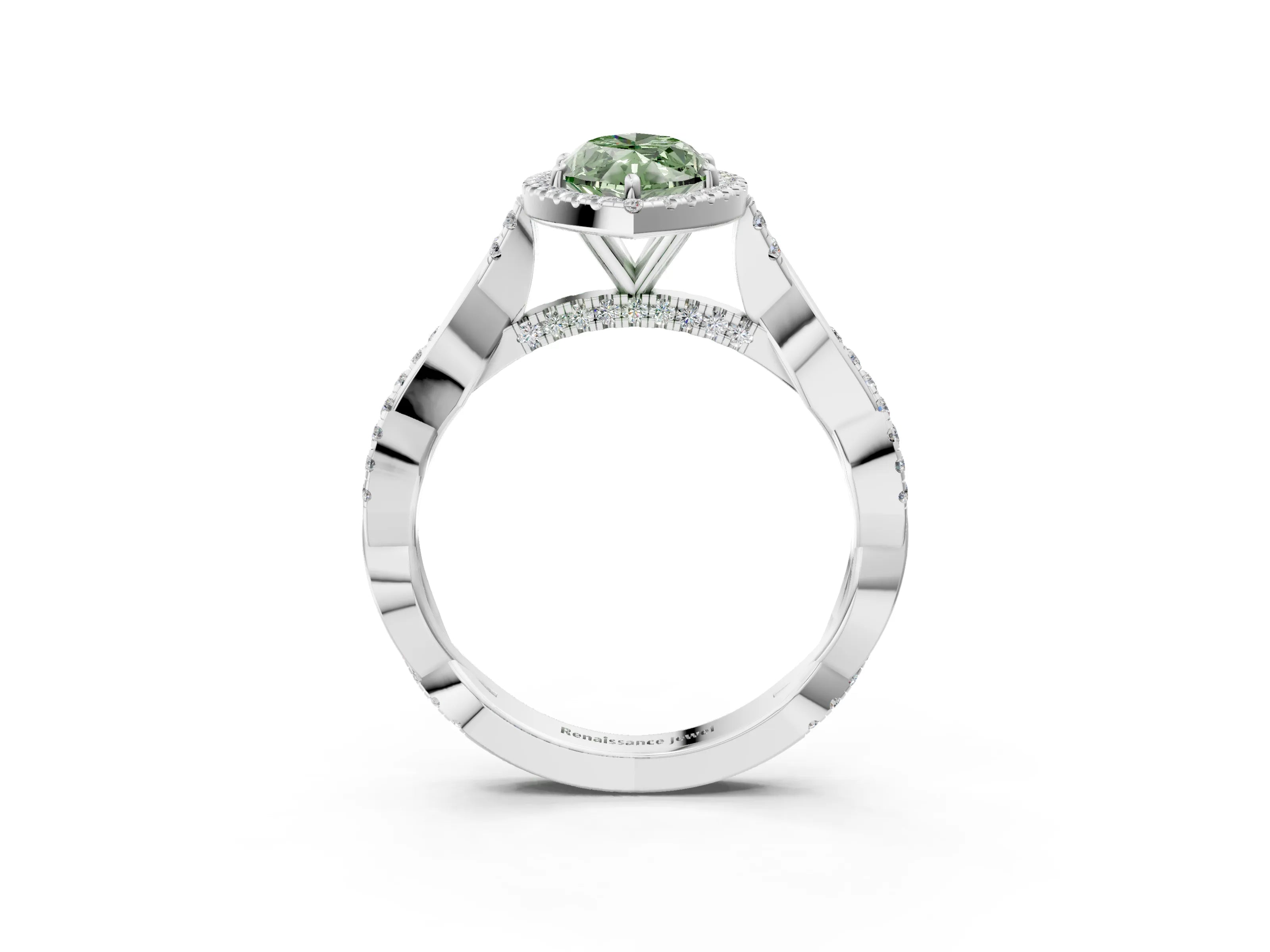 White gold Fancy Green Marquise Cut Halo Twist Band with Four-Prong Setting_98
