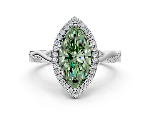 White gold Fancy Green Marquise Cut Halo Twist Band with Four-Prong Setting