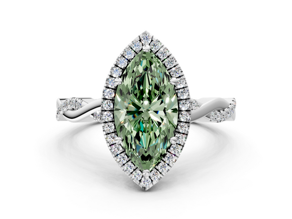 White gold Fancy Green Marquise  Cut Halo Twisted Band Four-Prong Ring