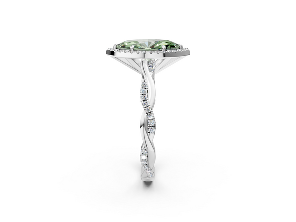 White gold Fancy Green Marquise  Cut Halo Twisted Band Four-Prong Ring