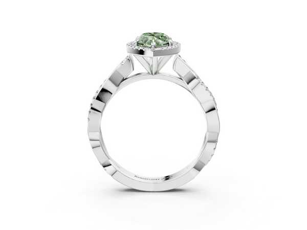 White gold Fancy Green Marquise  Cut Halo Twisted Band Four-Prong Ring