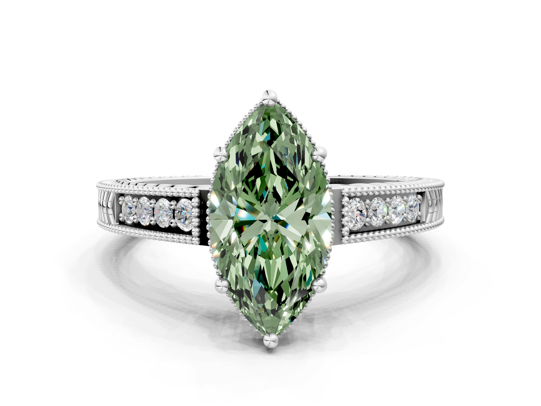 White gold Fancy Green Marquise  Cut Milgrain Channel Set Engagement Ring with Solitaire Prong Setting_48