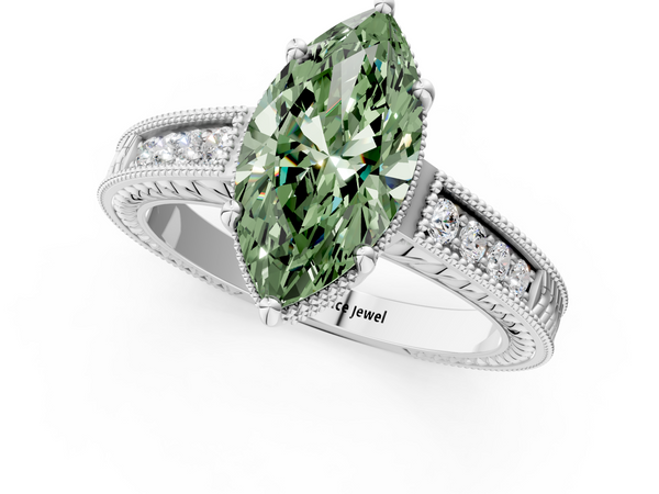 White gold Fancy Green Marquise Cut Diamond Engagement Ring with Milgrain Channel Set Band and Prong Setting