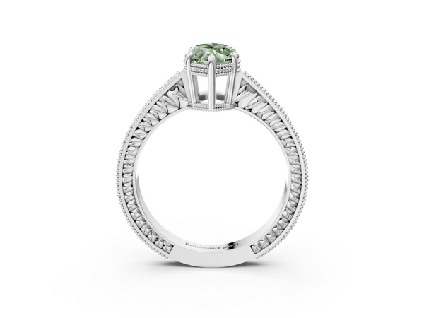 White gold Fancy Green Marquise Cut Diamond Engagement Ring with Milgrain Channel Set Band and Prong Setting