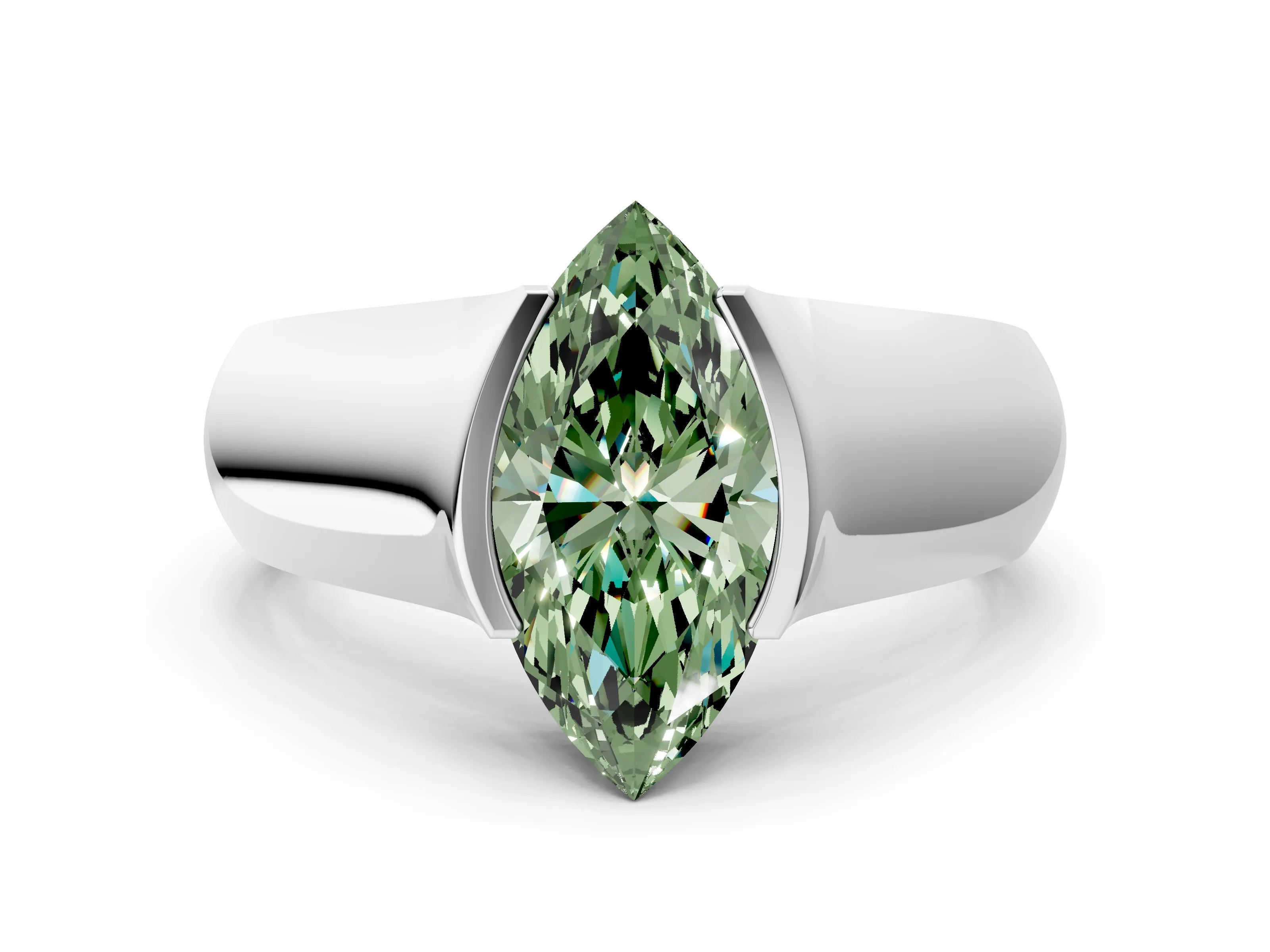 White gold Fancy Green Marquise Cut Solitaire Bezel Set Diamond Ring with Wide Band_12