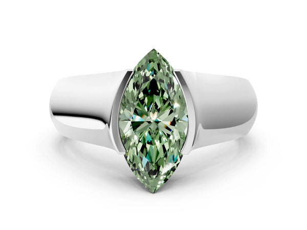 White gold Fancy Green Marquise Cut Solitaire Bezel Set Diamond Ring with Wide Band
