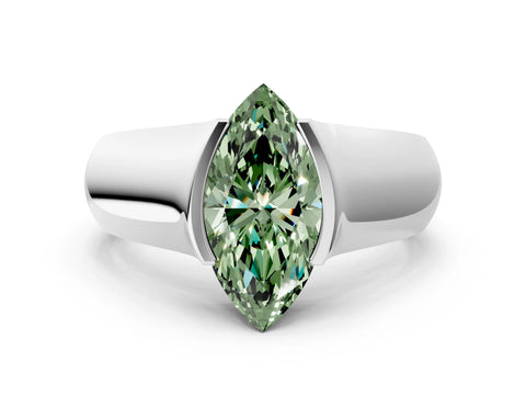 White gold Fancy Green Marquise Cut Solitaire Bezel Set Diamond Ring with Wide Band_12