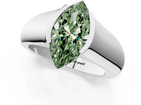 White gold Fancy Green Marquise Cut Solitaire Bezel Set Diamond Ring with Wide Band_13