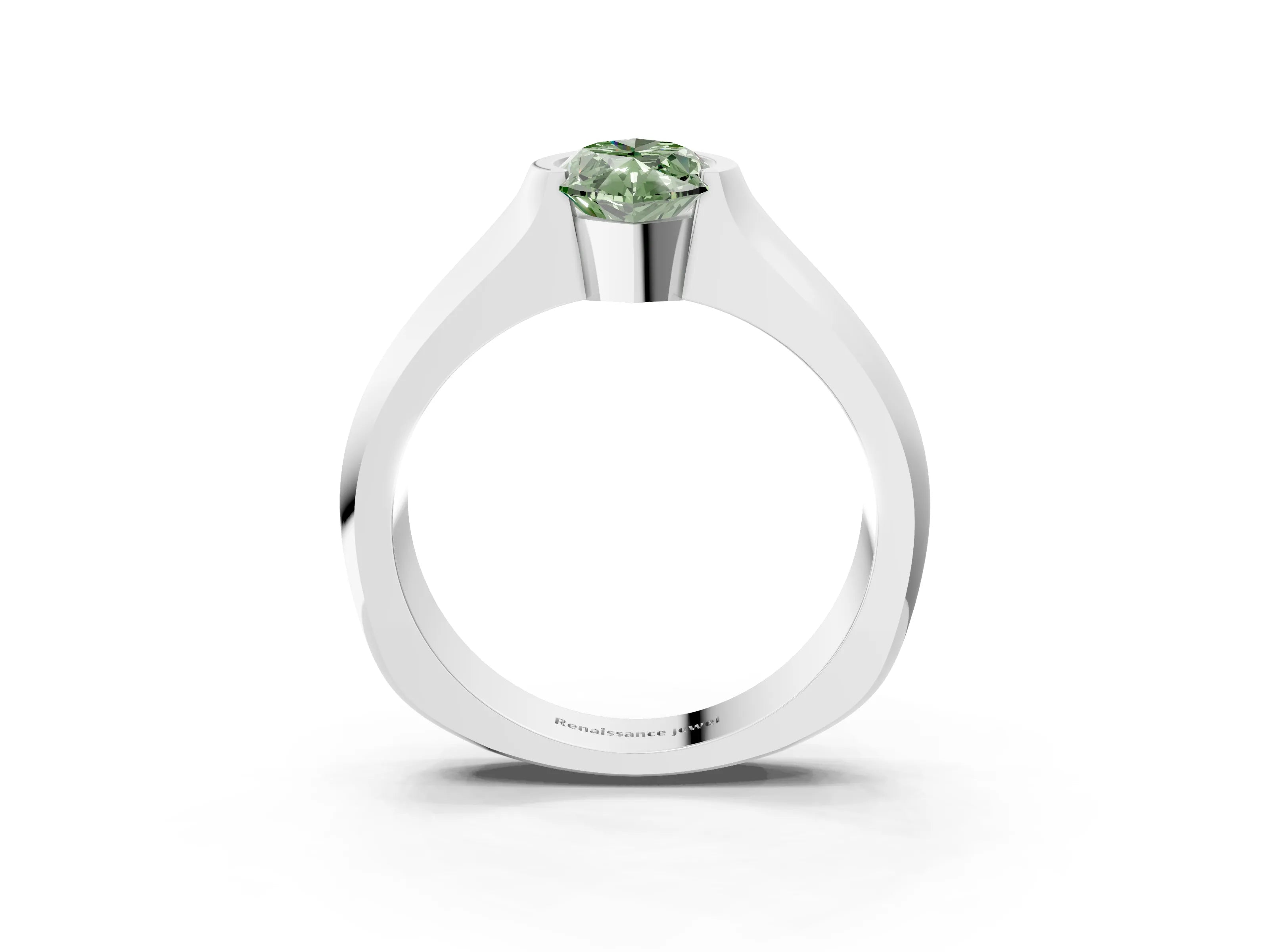 White gold Fancy Green Marquise Cut Solitaire Bezel Set Diamond Ring with Wide Band_15