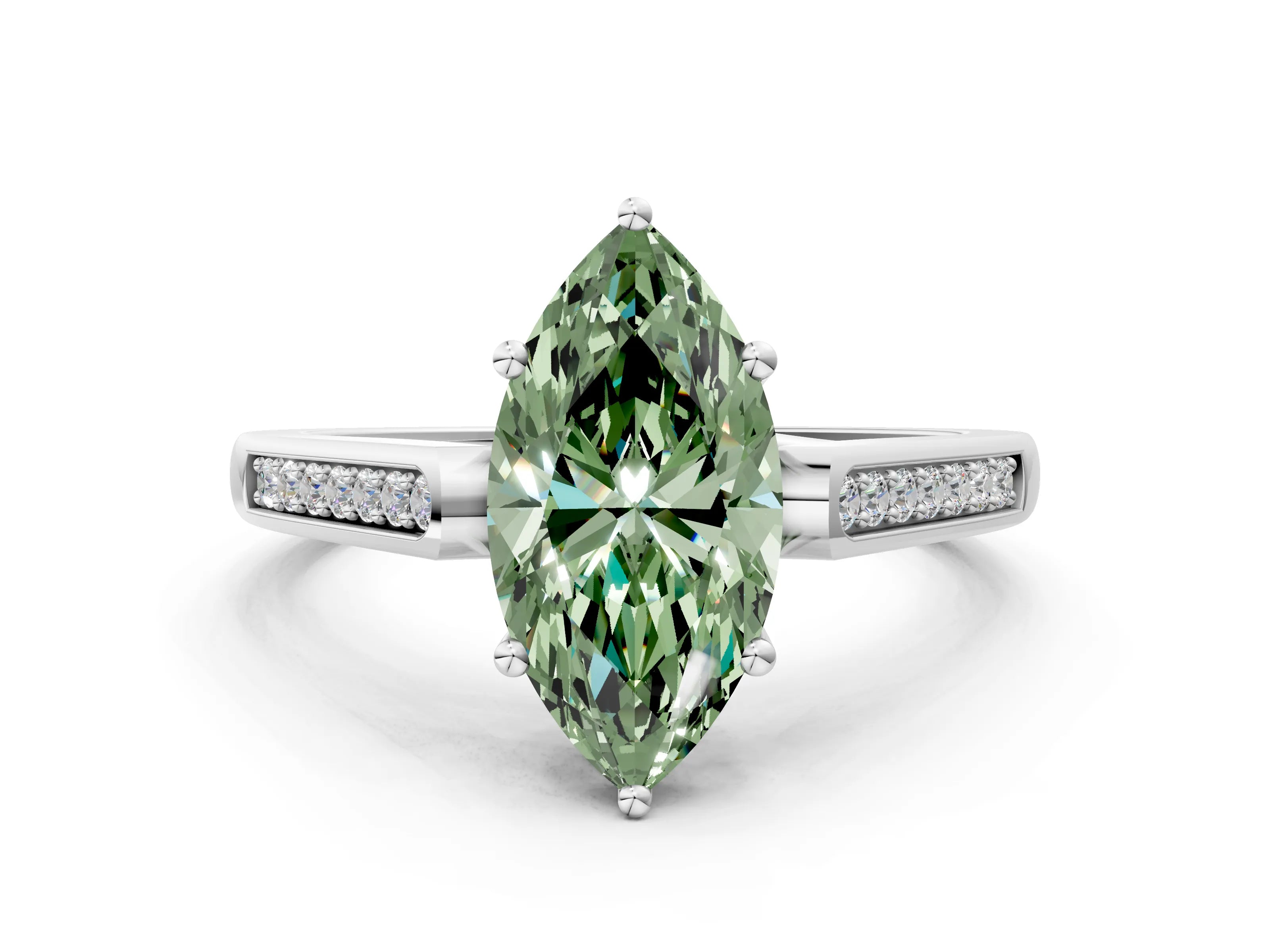 White gold Fancy Green Marquise Cut Solitaire Cathedral Diamond Engagement Ring with Channel-Set Band and Four-Prong Setting_15