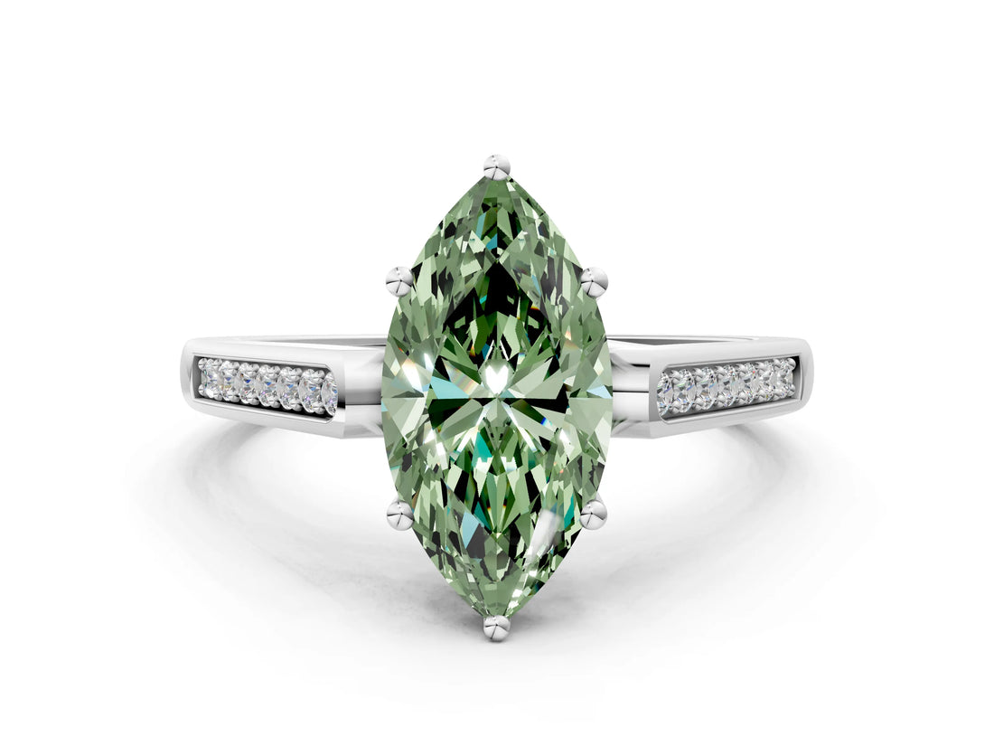 White gold Fancy Green Marquise Cut Solitaire Cathedral Diamond Engagement Ring with Channel-Set Band and Four-Prong Setting_15