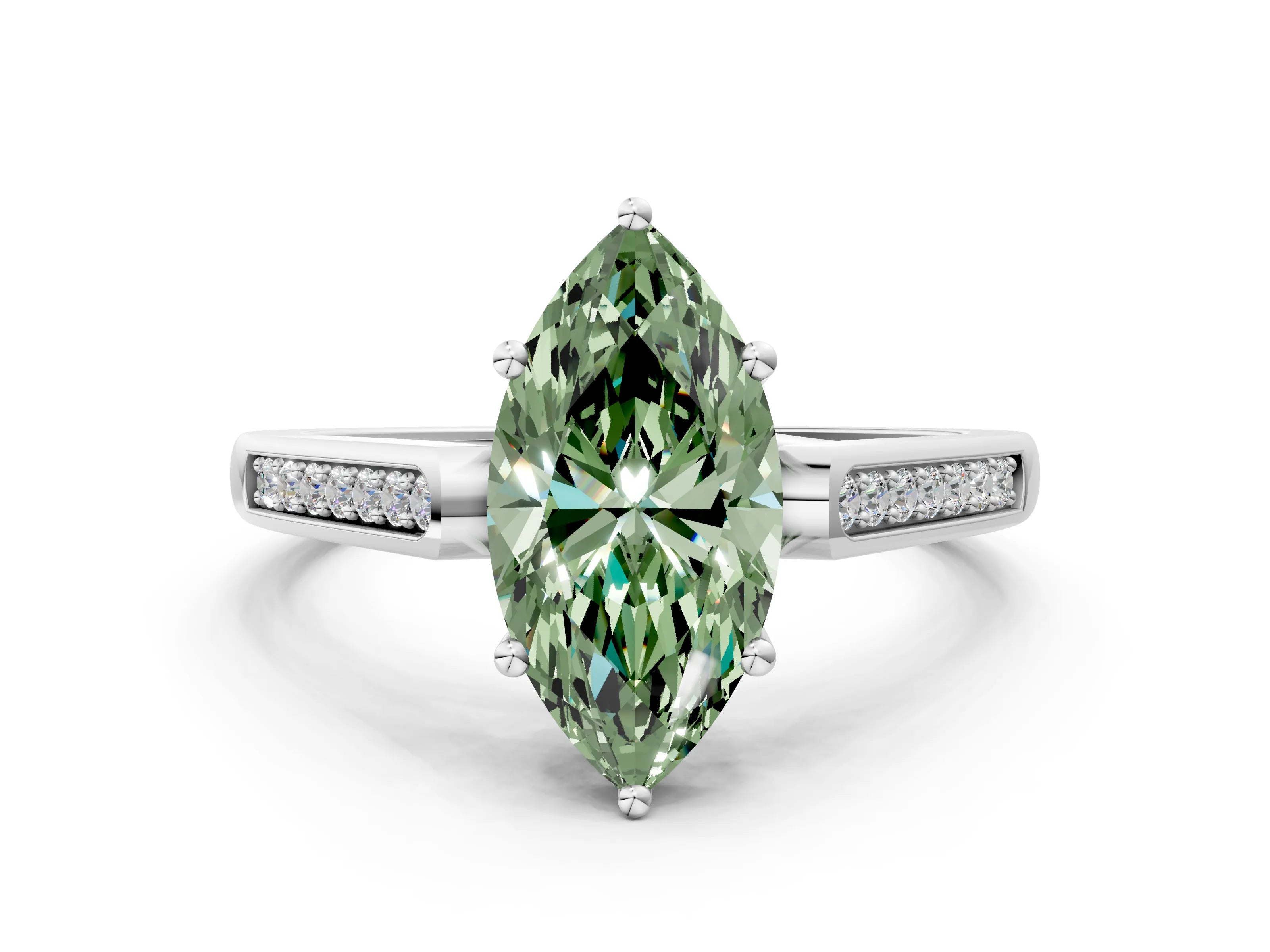 White gold Fancy Green Marquise Cut Solitaire Cathedral Diamond Engagement Ring with Channel-Set Band and Four-Prong Setting_3