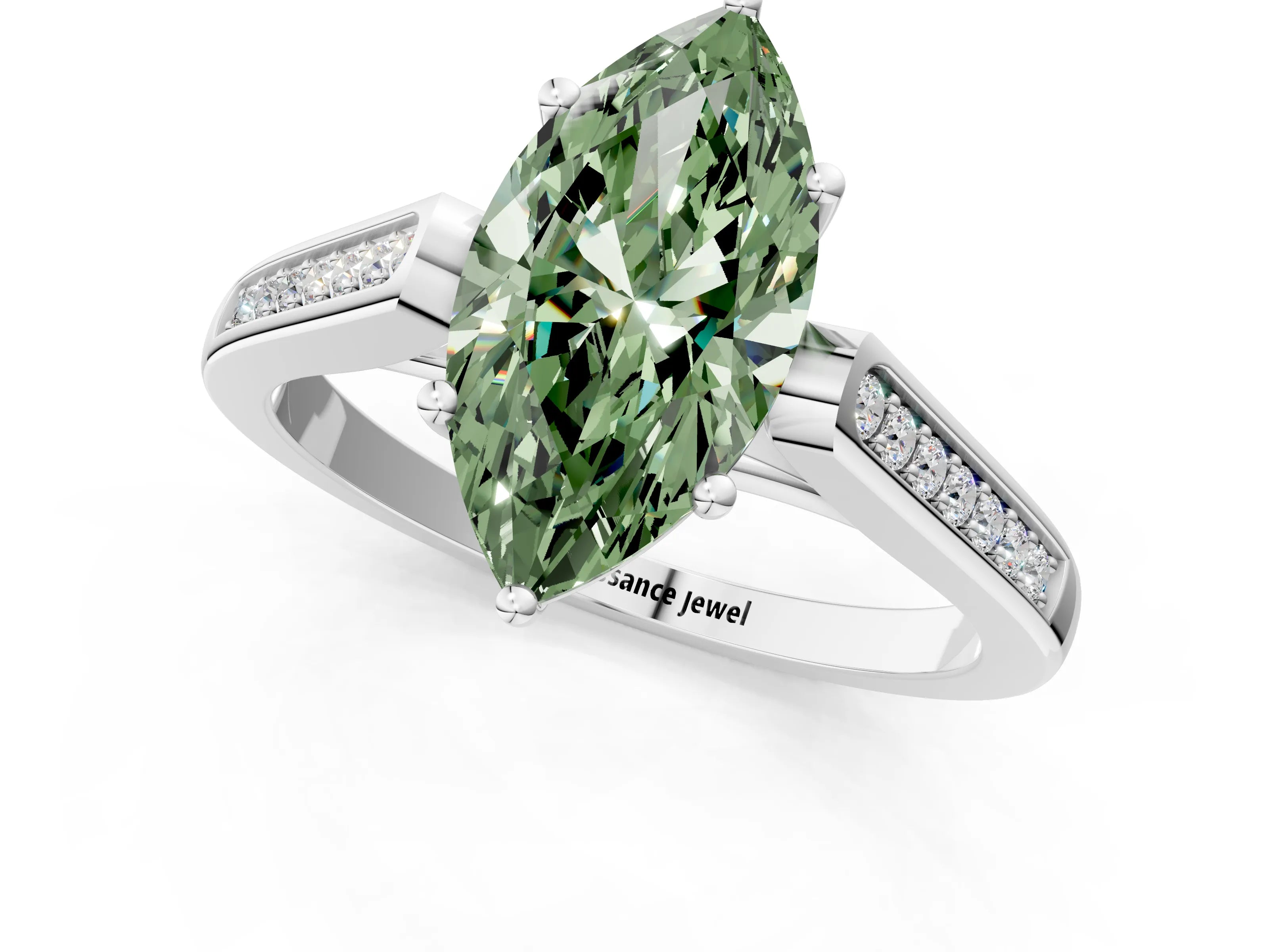 White gold Fancy Green Marquise Cut Solitaire Cathedral Diamond Engagement Ring with Channel-Set Band and Four-Prong Setting_4