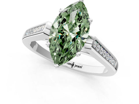 White gold Fancy Green Marquise Cut Solitaire Cathedral Diamond Engagement Ring with Channel-Set Band and Four-Prong Setting_4