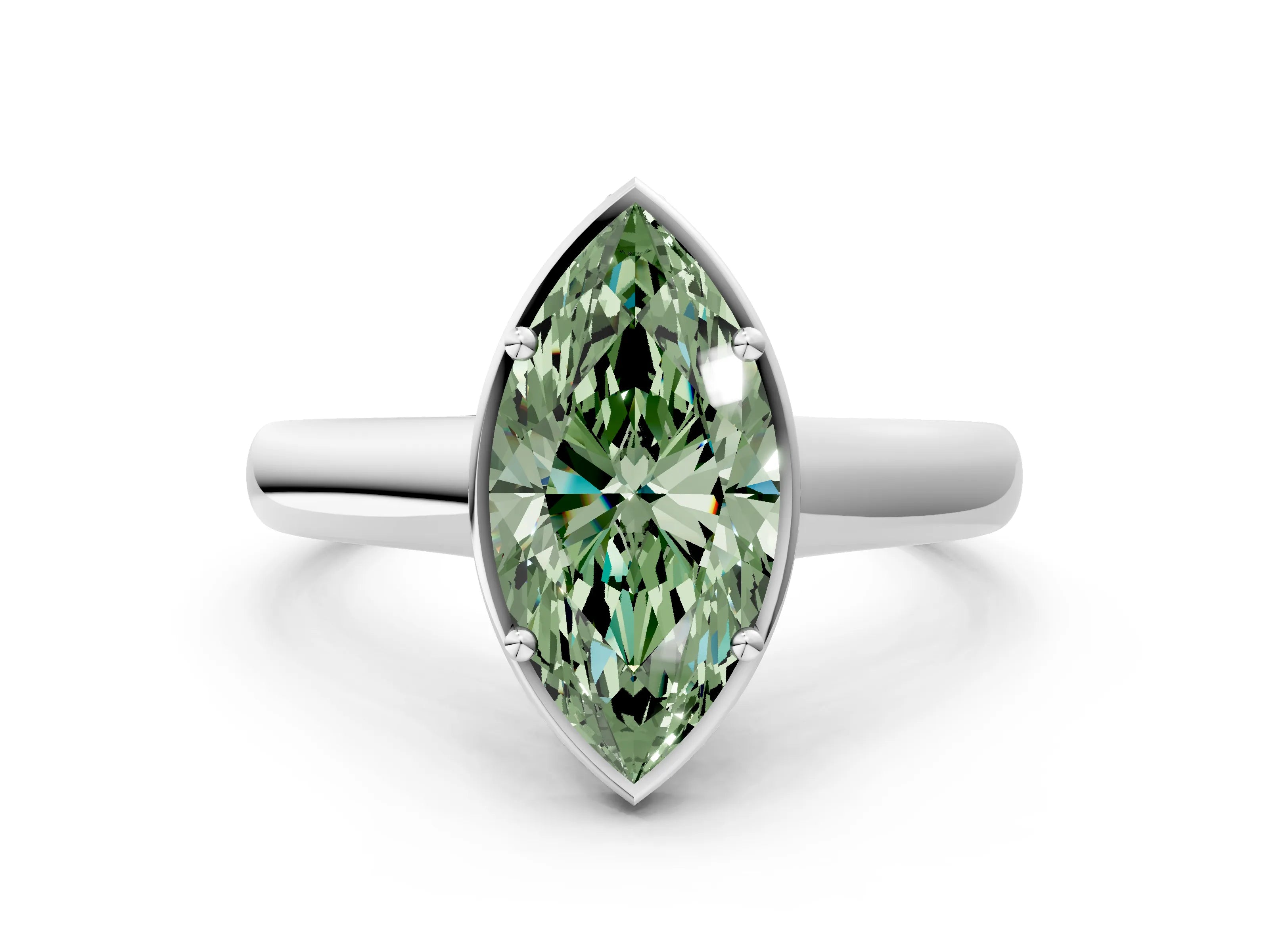 White gold Fancy Green Marquise Cut Solitaire Diamond Engagement Ring with Four-Prong Setting and Tapered Band_12