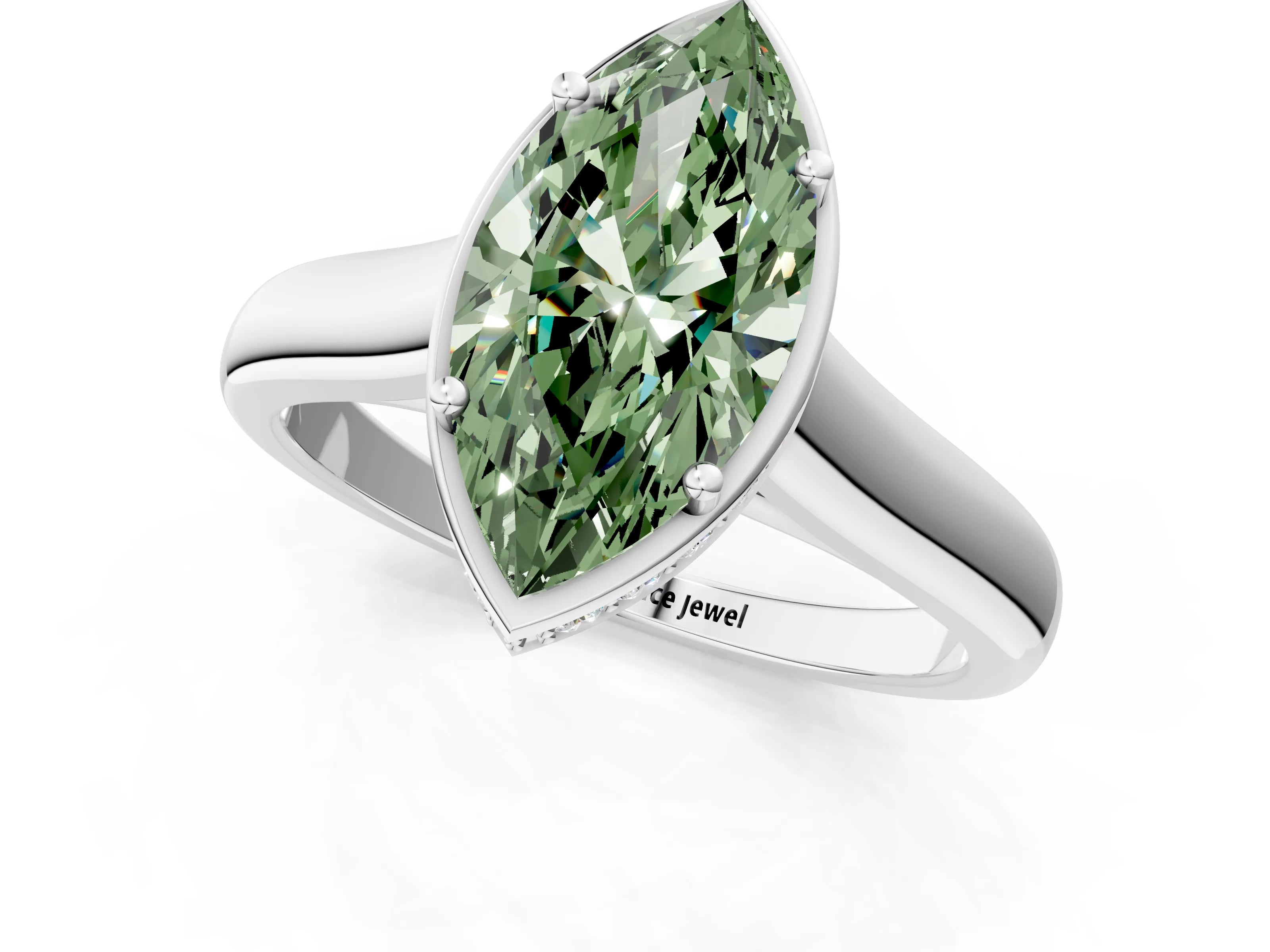 White gold Fancy Green Marquise Cut Solitaire Diamond Engagement Ring with Four-Prong Setting and Tapered Band_13