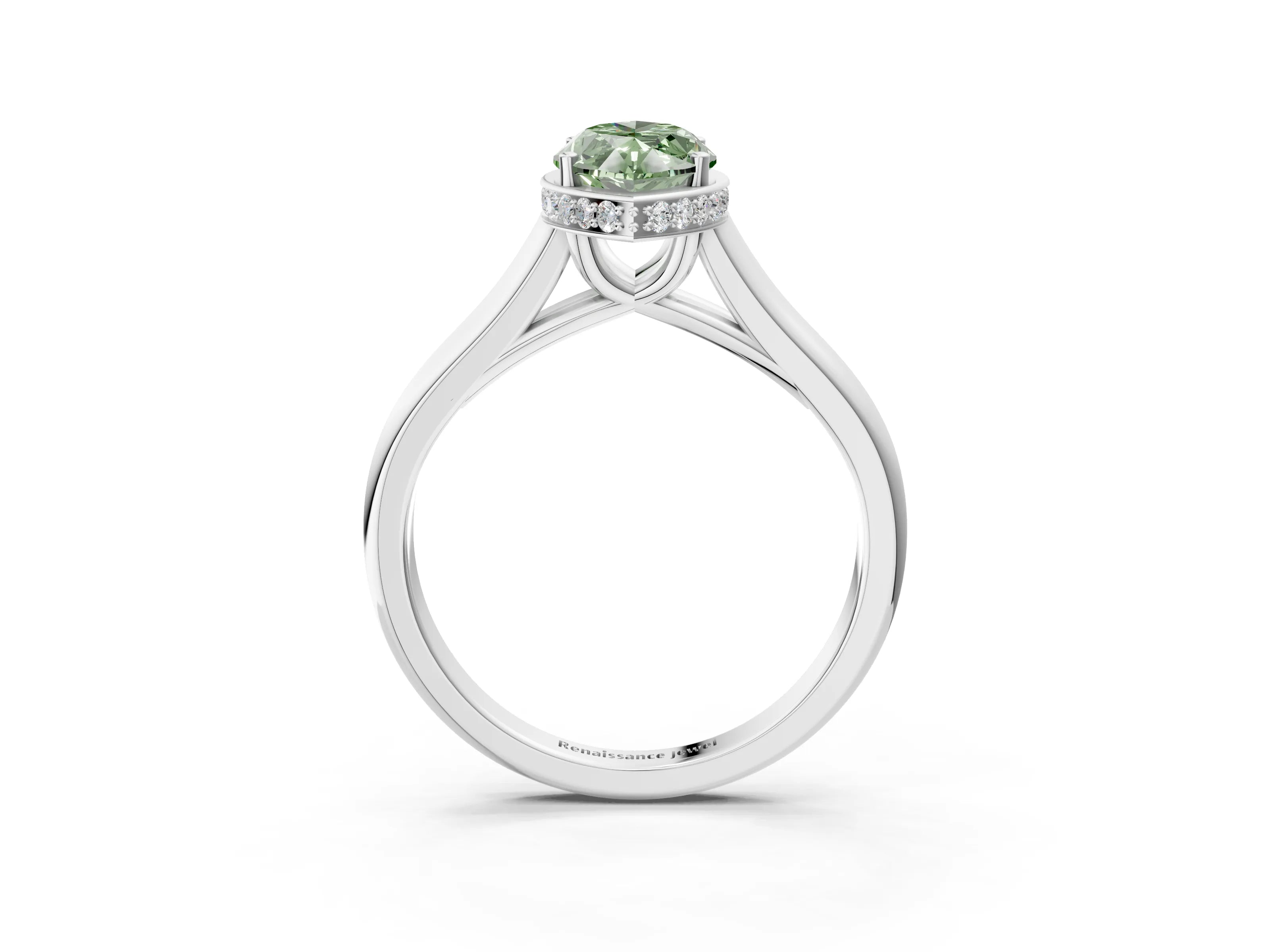 White gold Fancy Green Marquise Cut Solitaire Diamond Engagement Ring with Four-Prong Setting and Tapered Band_3