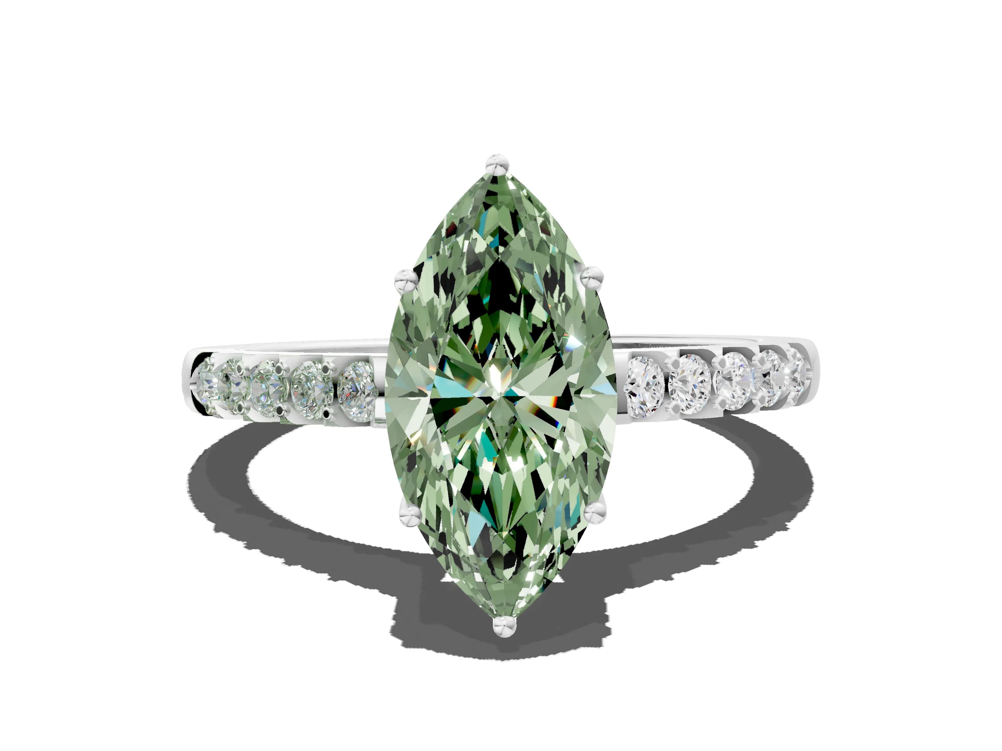 White gold Fancy Green Marquise Cut Solitaire Diamond Engagement Ring with Pavé Band and Six-Prong Setting_12