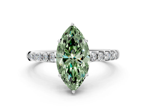 Platinum Fancy Green Marquise Cut Solitaire Diamond Engagement Ring with Pavé Band and Six-Prong Setting