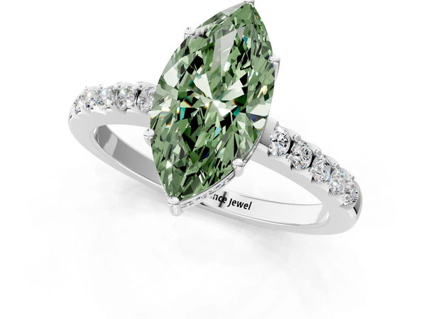 Platinum Fancy Green Marquise Cut Solitaire Diamond Engagement Ring with Pavé Band and Six-Prong Setting