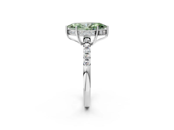 Platinum Fancy Green Marquise Cut Solitaire Diamond Engagement Ring with Pavé Band and Six-Prong Setting