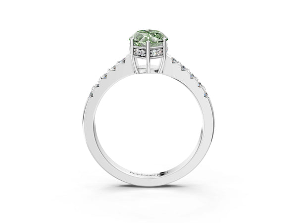 Platinum Fancy Green Marquise Cut Solitaire Diamond Engagement Ring with Pavé Band and Six-Prong Setting