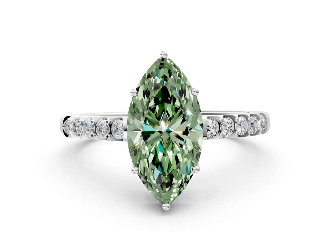 White gold Fancy Green Marquise Cut Solitaire Diamond Engagement Ring with Pavé Band and Six-Prong Setting_24