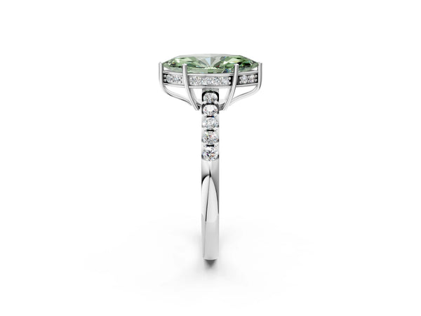 Platinum Fancy Green Marquise Cut Solitaire Diamond Engagement Ring with Pavé Band and Six-Prong Setting