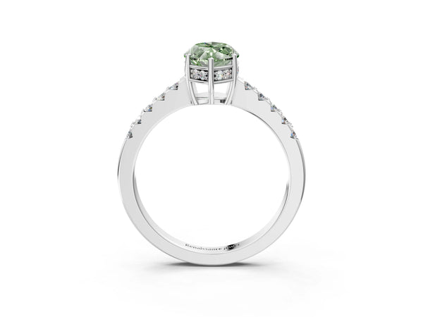 Platinum Fancy Green Marquise Cut Solitaire Diamond Engagement Ring with Pavé Band and Six-Prong Setting