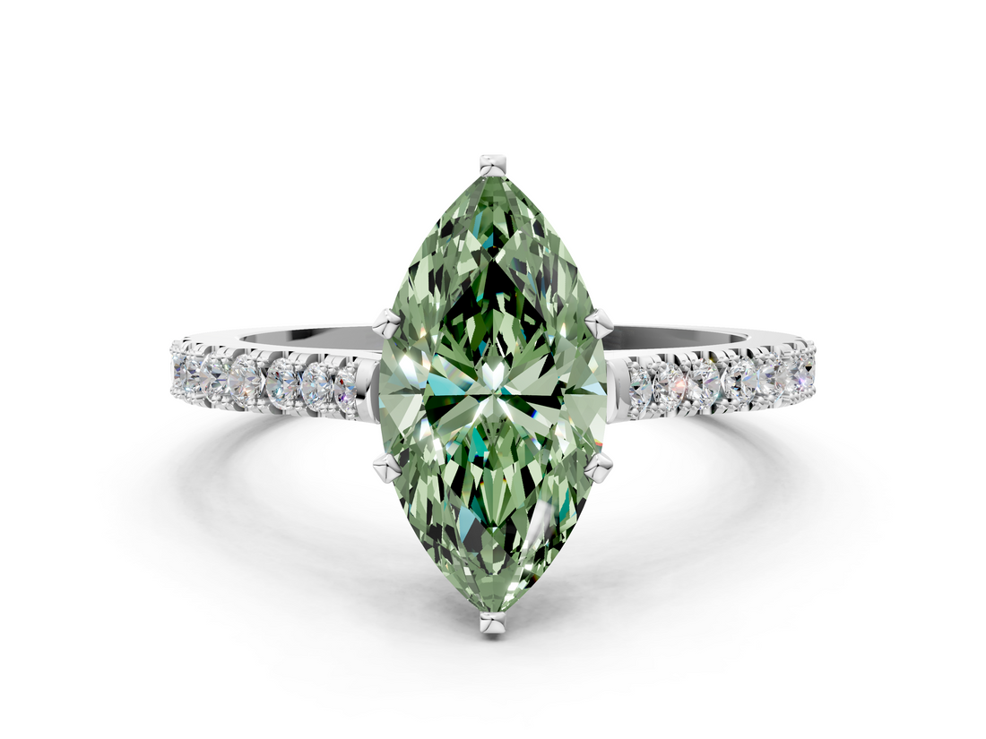 White gold Fancy Green Marquise  Cut Solitaire Diamond Engagement Ring with Pave Band and Four-Prong Setting_158