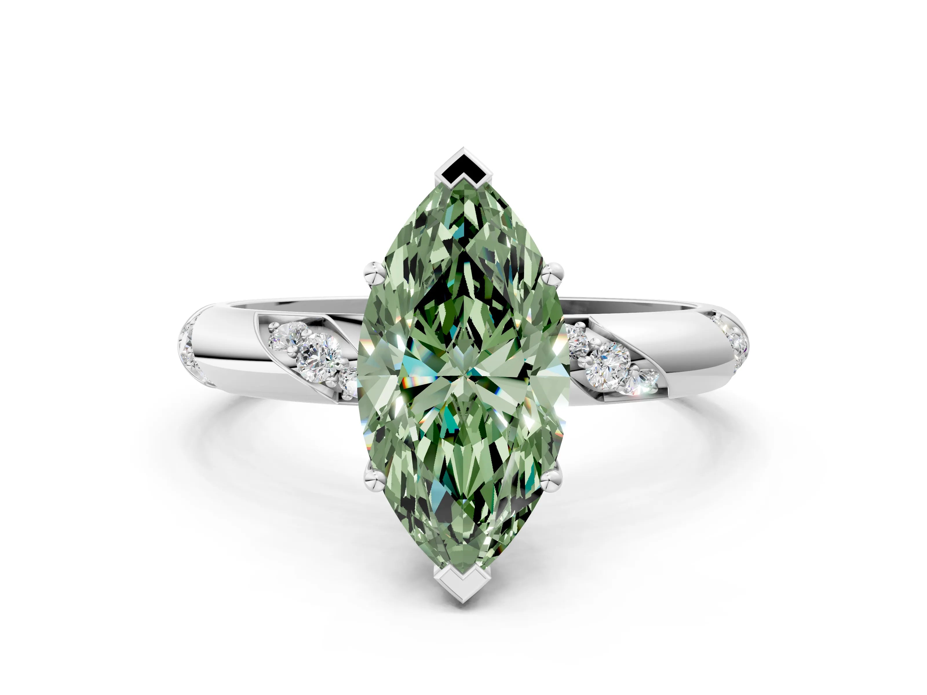 White gold Fancy Green Marquise Cut Solitaire Diamond Engagement Ring with Twisted Pave Band and Four-Prong Setting_19