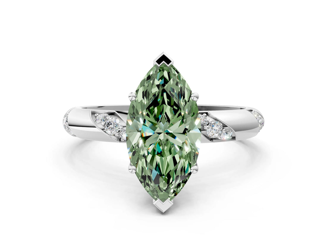 White gold Fancy Green Marquise Cut Solitaire Diamond Engagement Ring with Twisted Pave Band and Four-Prong Setting_19
