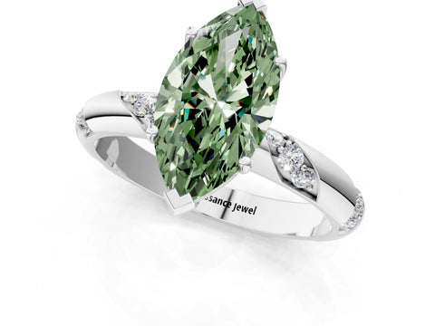 White gold Fancy Green Marquise Cut Solitaire Diamond Engagement Ring with Twisted Pave Band and Four-Prong Setting_20