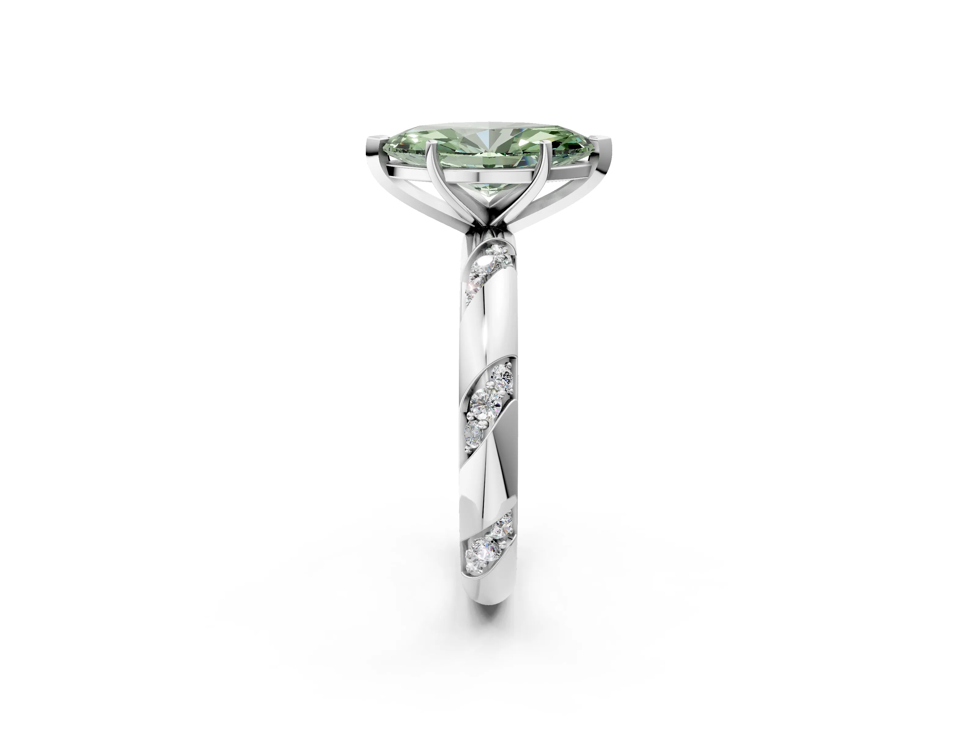 White gold Fancy Green Marquise Cut Solitaire Diamond Engagement Ring with Twisted Pave Band and Four-Prong Setting_21