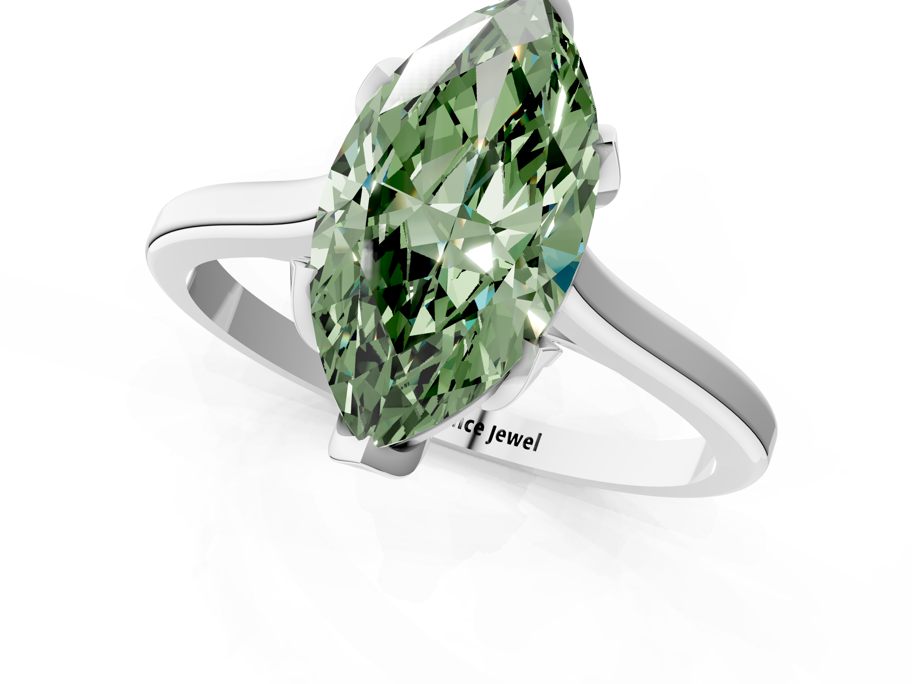White gold Fancy Green Marquise  Cut Solitaire Diamond Ring with Flower-Prong Setting and Classic Band_119