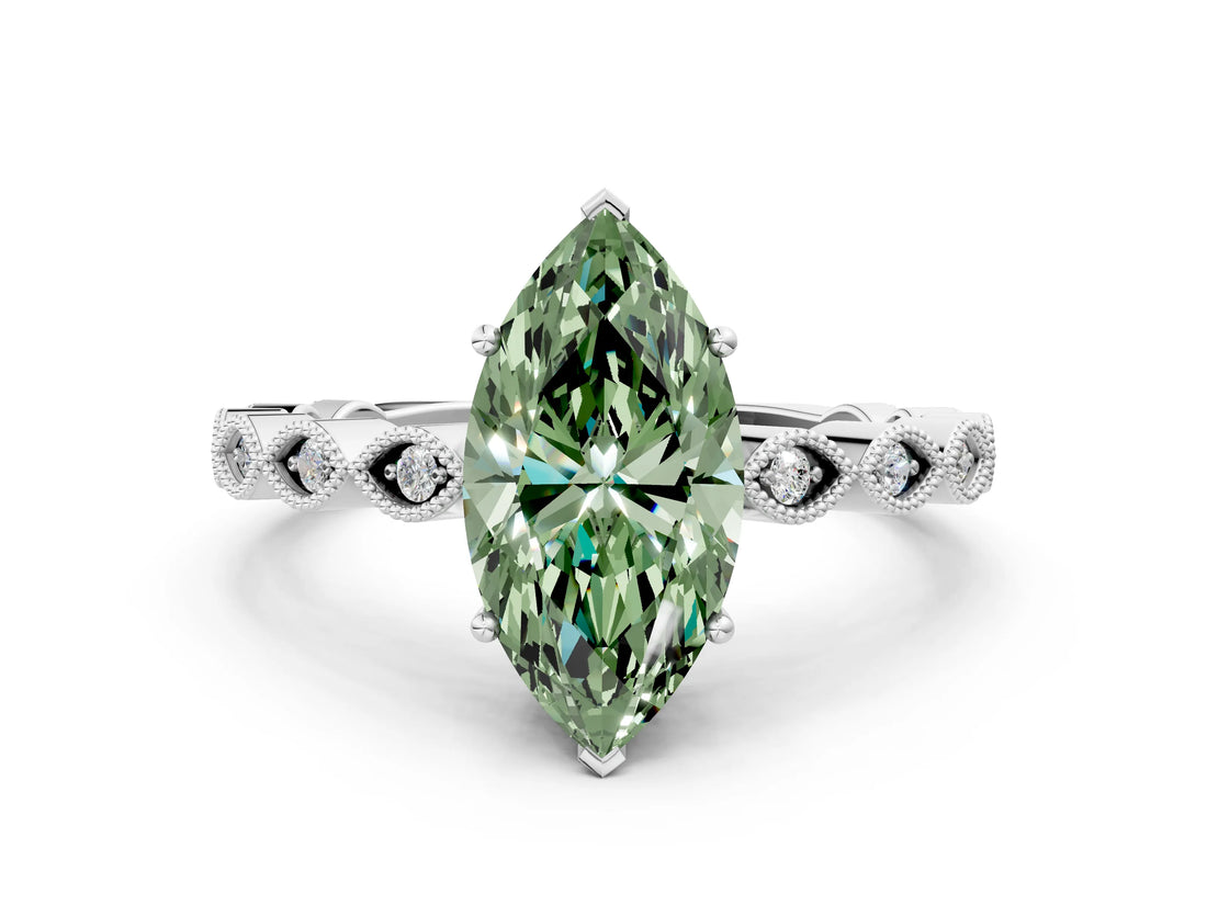 White gold Fancy Green Marquise Cut Solitaire Diamond Ring with Infinity Twist Band and Four-Prong Setting_12