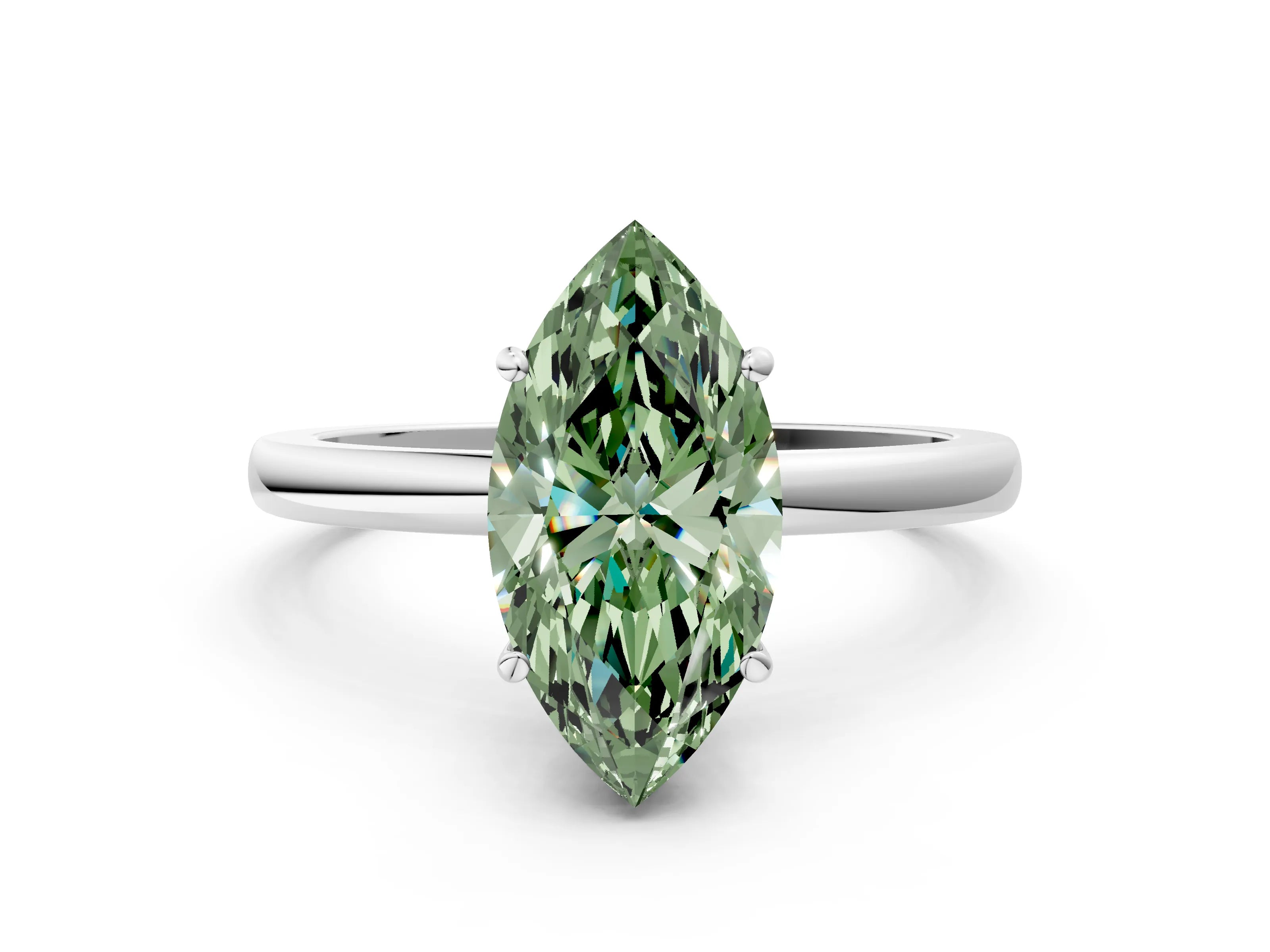 White gold Fancy Green Marquise Cut Solitaire Diamond Ring with Prong Setting and Plain Band_12